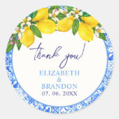 Lemon-Themed Mediterranean Tiles Wedding Runder Aufkleber (Vorderseite)