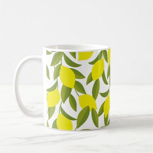 Lemon Tree Art: Gelbe Zitrusfrüchte Nahtlose Muste Kaffeetasse (Links)