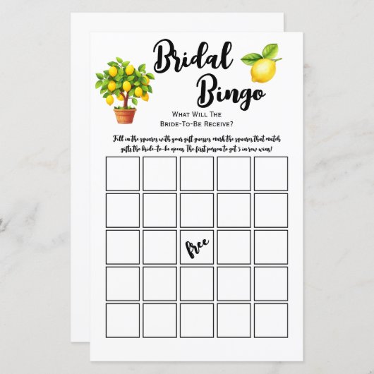 Lemon Tree Citrus Brautparty Bingo Party Game (Vorne/Hinten)