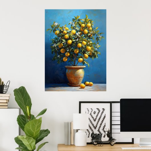 Lemon Tree in Clay Pot with Blossoms Poster (Heimbüro)