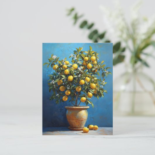 Lemon Tree in Clay Pot with Blossoms Postkarte (Stehend Vorderseite)