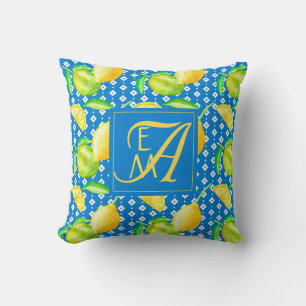 Lemon Tree Ocean Blue MONOGRAM Newlyweds Wedding Kissen