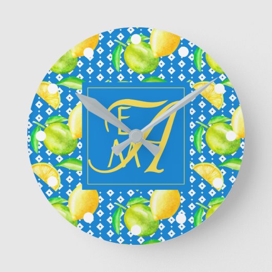 Lemon Tree Ocean Blue MONOGRAM Runde Wanduhr (Vorderseite)