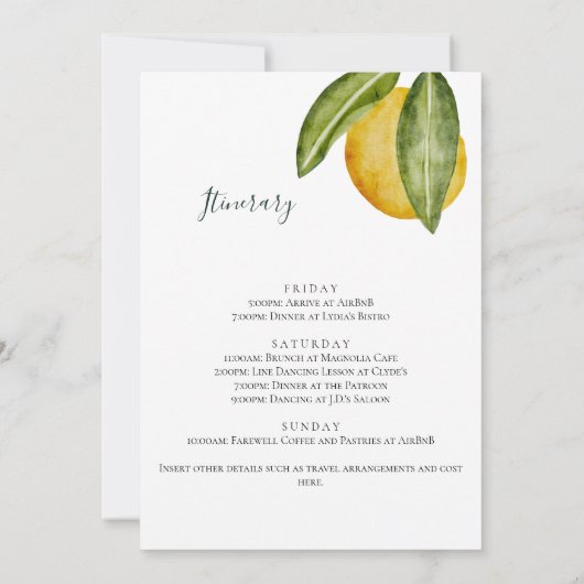 Lemon Tree Watercolor Junggeselinnen-Abschied Einladung (Rückseite)