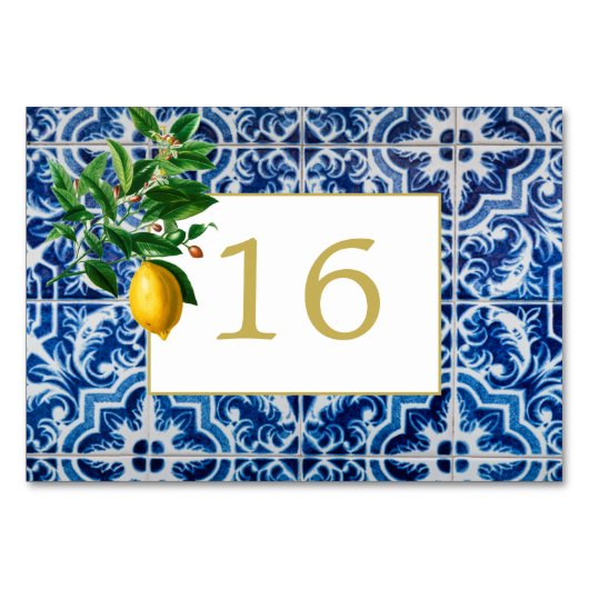 Lemon Tuscan Tile Blue White Wedding Tischnummer (Rückseite)