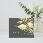 Lemon und Blätter Gray Wedding RSVP Postkarte (Stehend Vorderseite)
