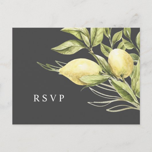 Lemon und Blätter Gray Wedding RSVP Postkarte (Vorderseite)