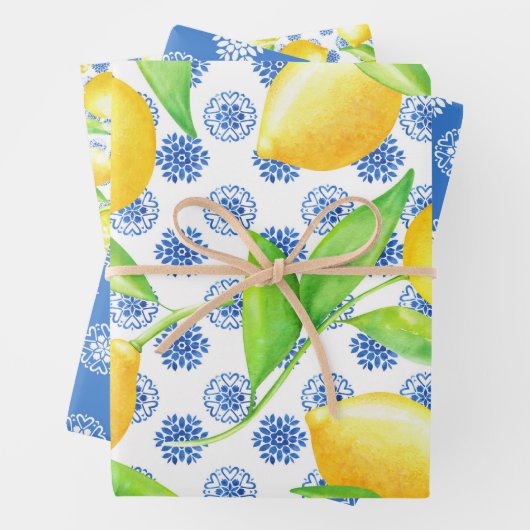 Lemon und Blauer Azulejos Muster Geschenkpapier Set (Beispiel)