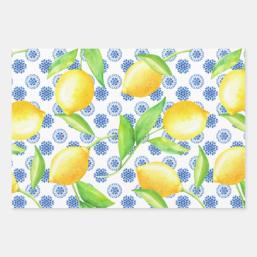 Lemon und Blauer Azulejos Muster Geschenkpapier Set (Vorderseite)