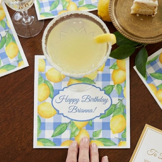 Lemon und Blue Gingham Birthday Serviette