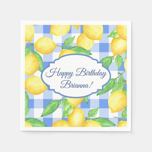 Lemon und Blue Gingham Birthday Serviette (Vorderseite)