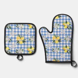 Lemon und Blue Gingham Kitchen Essentials Ofenhandschuh & Topflappen-Set