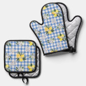 Lemon und Blue Gingham Kitchen Essentials Ofenhandschuh & Topflappen-Set (Vorderseite/Rückseite)