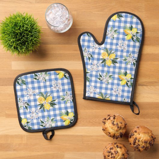 Lemon und Blue Gingham Kitchen Essentials Ofenhandschuh & Topflappen-Set (Oben Unten)