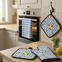 Lemon und Blue Gingham Kitchen Essentials Ofenhandschuh & Topflappen-Set
