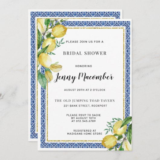 Lemon und Blue Tile Brautparty Einladung (Vorne/Hinten)
