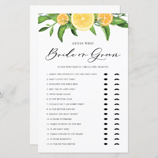 Lemon und Orange Bridge oder Groom Brautparty Game (Vorne/Hinten)