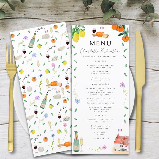 Lemon und Orange French Boho Citrus Wedding Menükarte