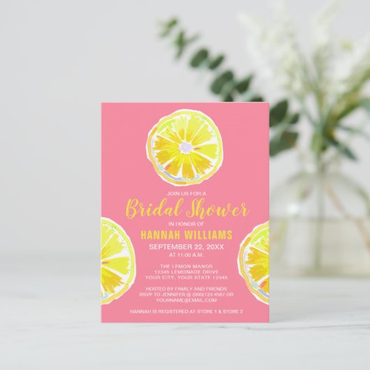 Lemon Wasserfarbe mit rosa Brautparty Einladung Postkarte (Stehend Vorderseite)