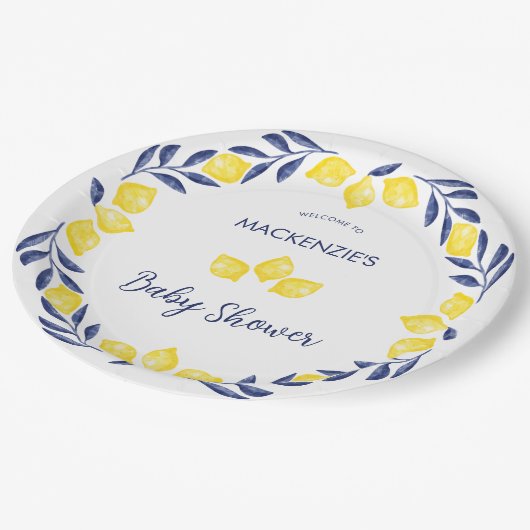 Lemon Watercolor Babydusche Personalisiert Pappteller (Schrägansicht)