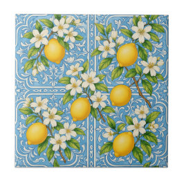 Lemon Watercolor Blue Mediterranean Pattern Fliese