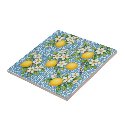 Lemon Watercolor Blue Mediterranean Pattern Fliese (Seite)