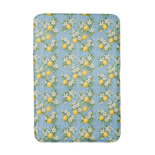 Lemon Watercolor Blue Mediterranean Tile Pattern Badematte (Vorderseite Vertikal)