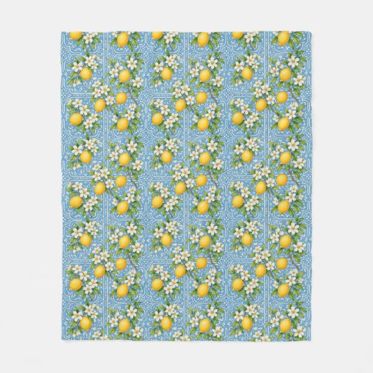 Lemon Watercolor Blue Mediterranean Tile Pattern Fleecedecke (Vorderseite)