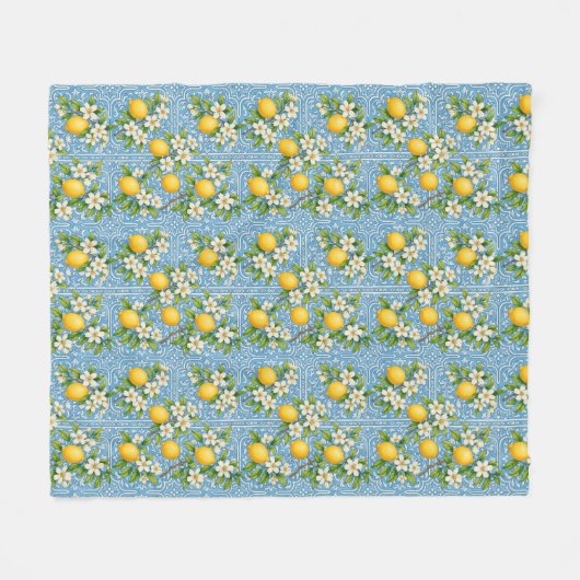 Lemon Watercolor Blue Mediterranean Tile Pattern Fleecedecke (Vorderseite (Horizontal))