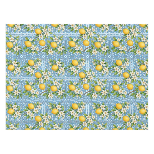 Lemon Watercolor Blue Mediterranean Tile Pattern Tischdecke (Vorderseite (Horizontal))