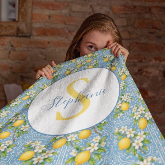 Lemon Watercolor Blue Tile Pattern Personalized Fleecedecke