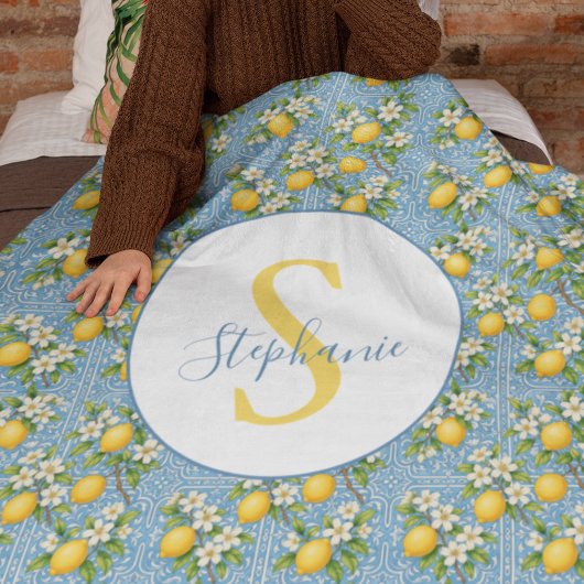 Lemon Watercolor Blue Tile Pattern Personalized Fleecedecke