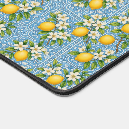 Lemon Watercolor Blue Tile Pattern Personalized Schreibtischunterlage (Ecke)
