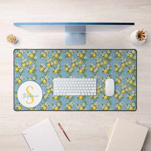 Lemon Watercolor Blue Tile Pattern Personalized Schreibtischunterlage (Büro 1)