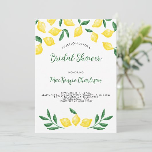 Lemon Watercolor Bridal Dusche Einladung (Stehend Vorderseite)