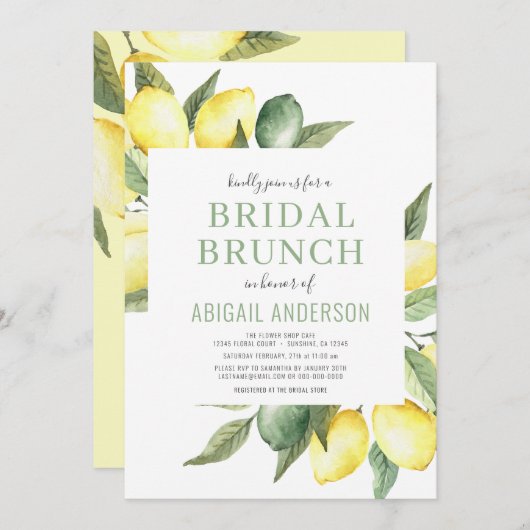 Lemon Watercolor Citrus Modern Bridal Brunch Einladung (Vorne/Hinten)