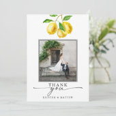 Lemon Watercolor Citrus Wedding Foto Dankeskarte (Stehend Vorderseite)