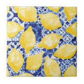 Lemon Watercolor Mediterranes blaues weißes Tile Fliese (Vorderseite)
