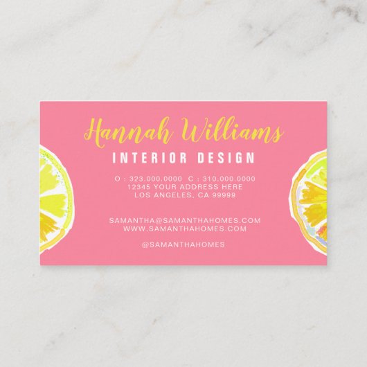 Lemon Watercolor Rosa Hintergrund Visitenkarte (Rückseite)