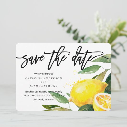 Lemon Watercolor Save the Date Script (Stehend Vorderseite)