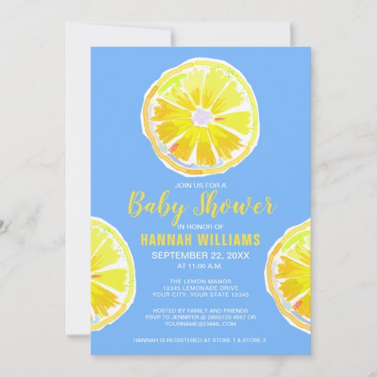 Lemon Watercolor Slices Blue Baby Dusche Einladung (Vorderseite)