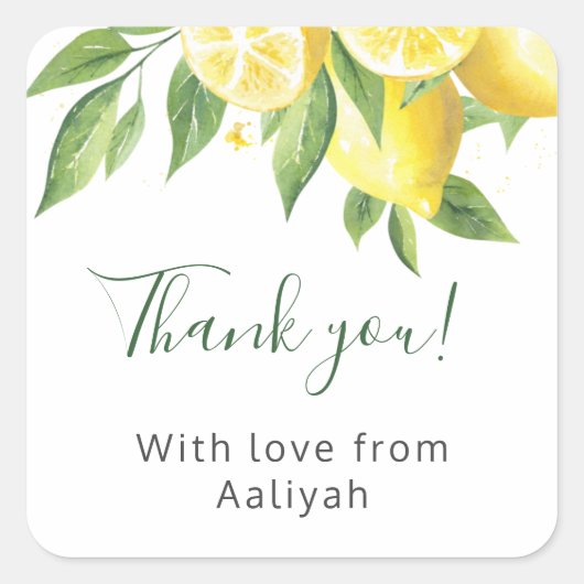Lemon Watercolor Vielen Dank Quadratischer Aufkleber (Vorderseite)