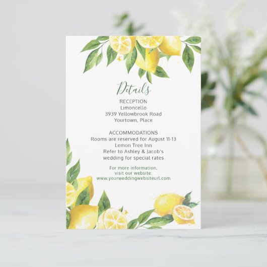 Lemon Watercolor Wedding Insert Empfang Einladung (Stehend Vorderseite)
