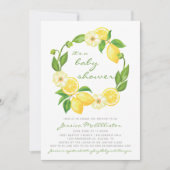 Lemon Watercolor Wreath Citrus Stripe Babydusche Einladung (Vorderseite)