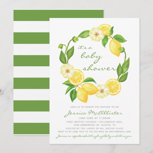 Lemon Watercolor Wreath Citrus Stripe Babydusche Einladung (Vorne/Hinten)