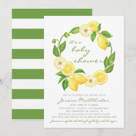 Lemon Watercolor Wreath Citrus Stripe Babydusche Einladung