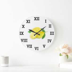Lemon Watercolor Yellow Fruit Summer Citrus Große Wanduhr