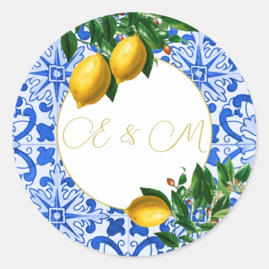 Lemon Wedding Blue Tile Monogram Summer Runder Aufkleber (Vorderseite)