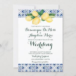 Lemon Wedding Blue White Mediterranean Tile Einladung