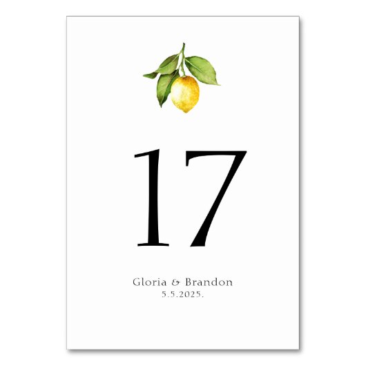 Lemon Wedding Tischnummer Card (Vorderseite)
